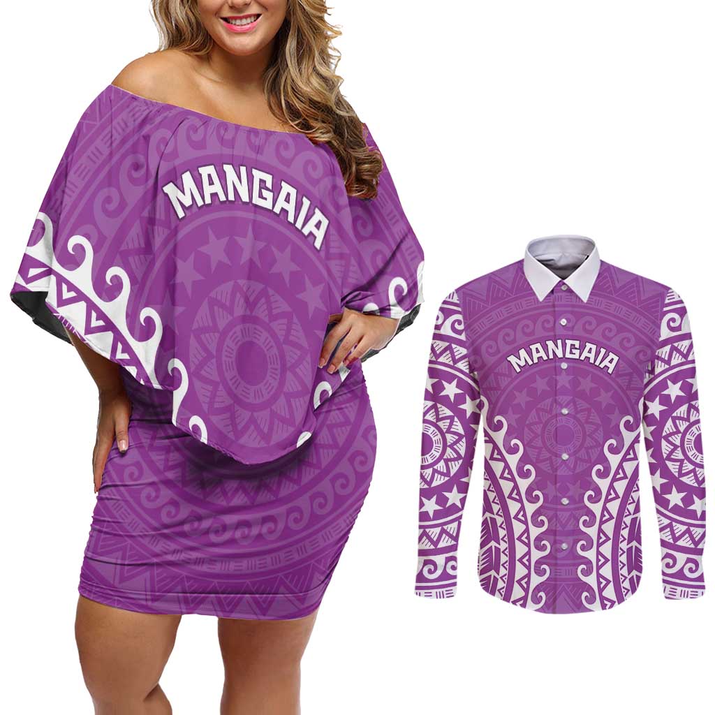 Custom Cook Islands Mangaia Couples Matching Off Shoulder Short Dress and Long Sleeve Button Shirt Polynesian Tribal Tattoo