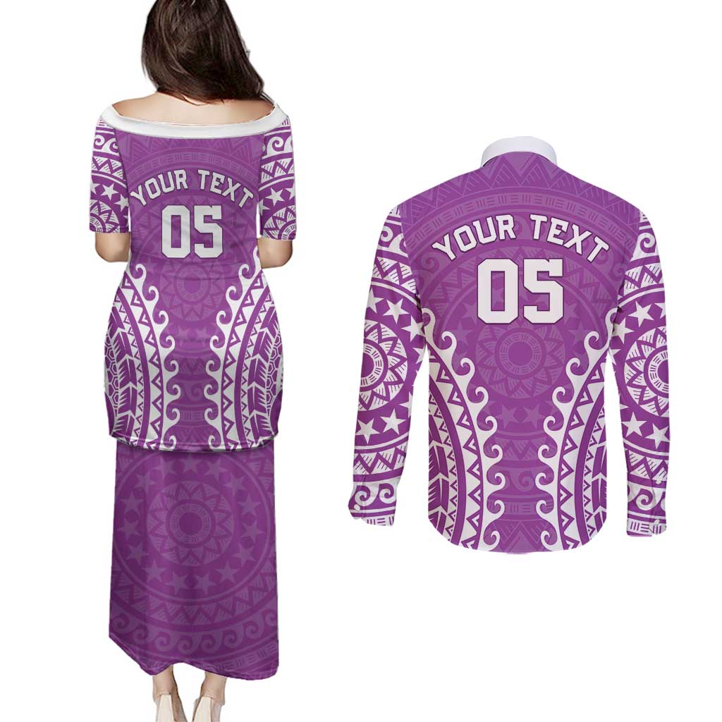 Custom Cook Islands Mangaia Couples Matching Puletasi and Long Sleeve Button Shirt Polynesian Tribal Tattoo