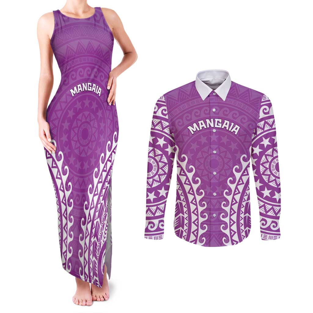 Custom Cook Islands Mangaia Couples Matching Tank Maxi Dress and Long Sleeve Button Shirt Polynesian Tribal Tattoo