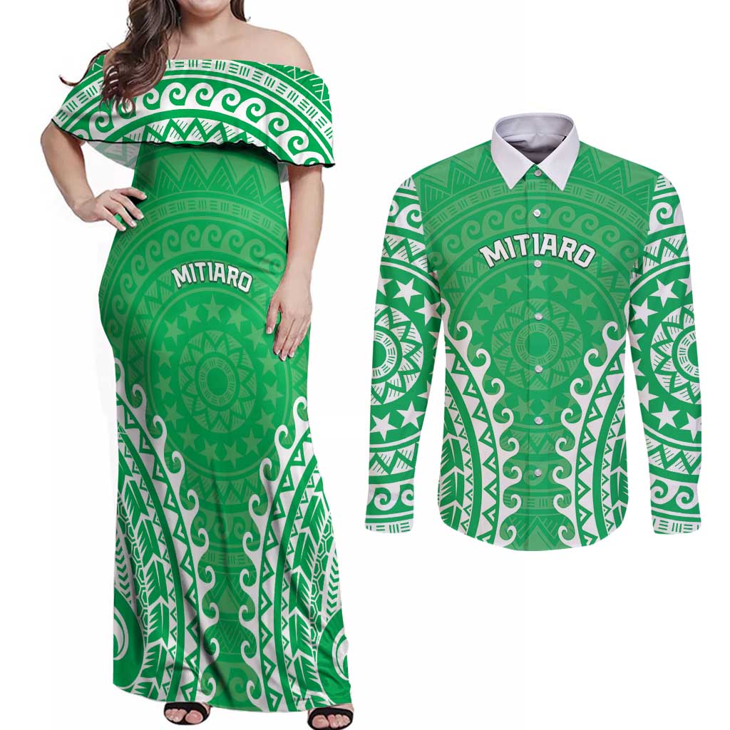 Custom Cook Islands Mitiaro Couples Matching Off Shoulder Maxi Dress and Long Sleeve Button Shirt Polynesian Tribal Tattoo