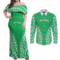 Custom Cook Islands Mitiaro Couples Matching Off Shoulder Maxi Dress and Long Sleeve Button Shirt Polynesian Tribal Tattoo
