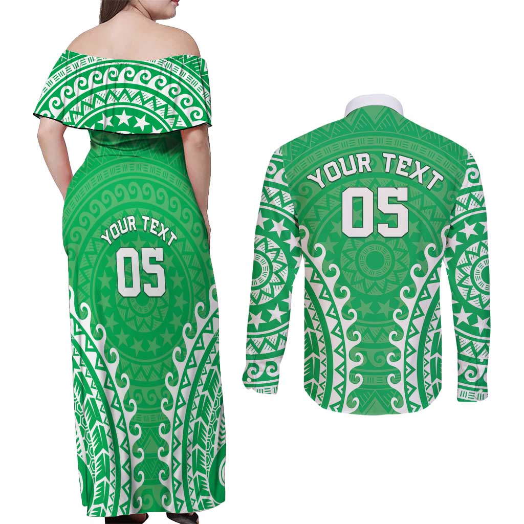 Custom Cook Islands Mitiaro Couples Matching Off Shoulder Maxi Dress and Long Sleeve Button Shirt Polynesian Tribal Tattoo