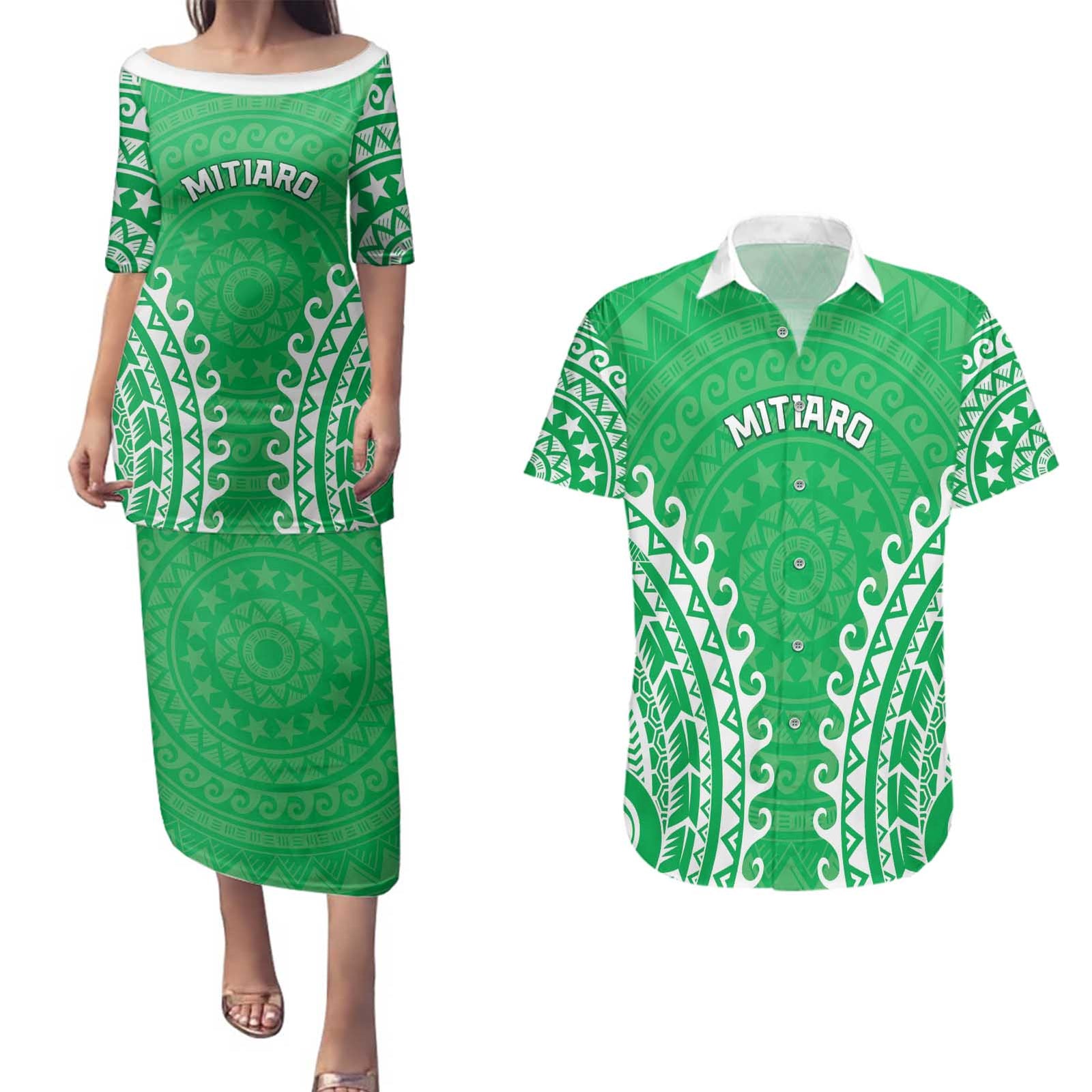 Custom Cook Islands Mitiaro Couples Matching Puletasi and Hawaiian Shirt Polynesian Tribal Tattoo LT05 Green - Polynesian Pride