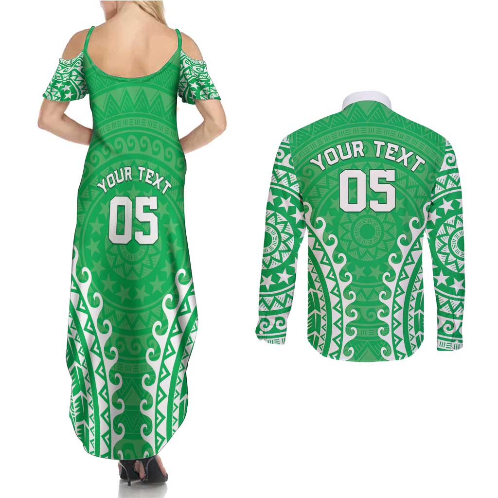 Custom Cook Islands Mitiaro Couples Matching Summer Maxi Dress and Long Sleeve Button Shirt Polynesian Tribal Tattoo