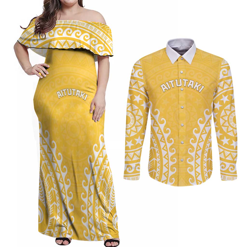 Custom Cook Islands Aitutaki Couples Matching Off Shoulder Maxi Dress and Long Sleeve Button Shirt Polynesian Tribal Tattoo