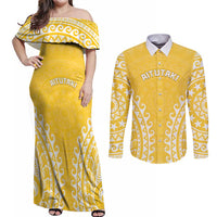 Custom Cook Islands Aitutaki Couples Matching Off Shoulder Maxi Dress and Long Sleeve Button Shirt Polynesian Tribal Tattoo