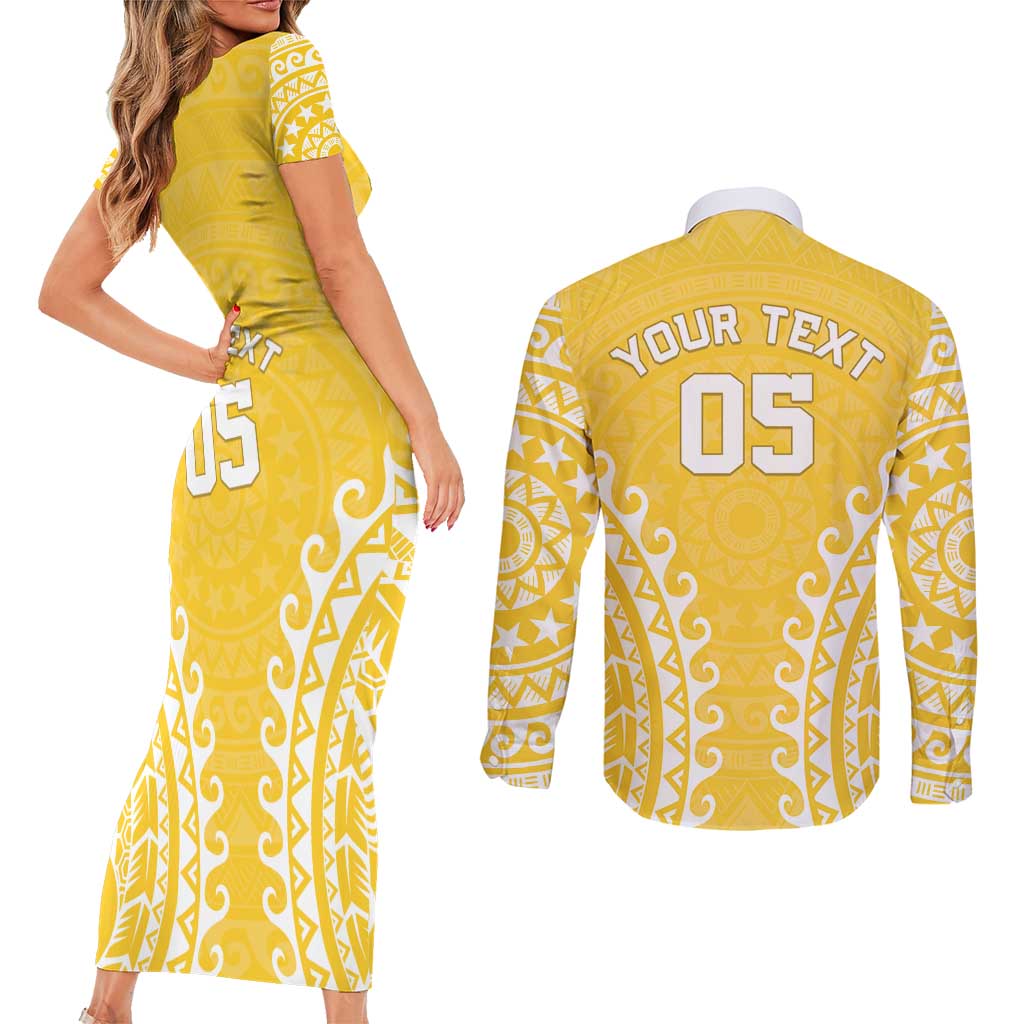 Custom Cook Islands Aitutaki Couples Matching Short Sleeve Bodycon Dress and Long Sleeve Button Shirt Polynesian Tribal Tattoo