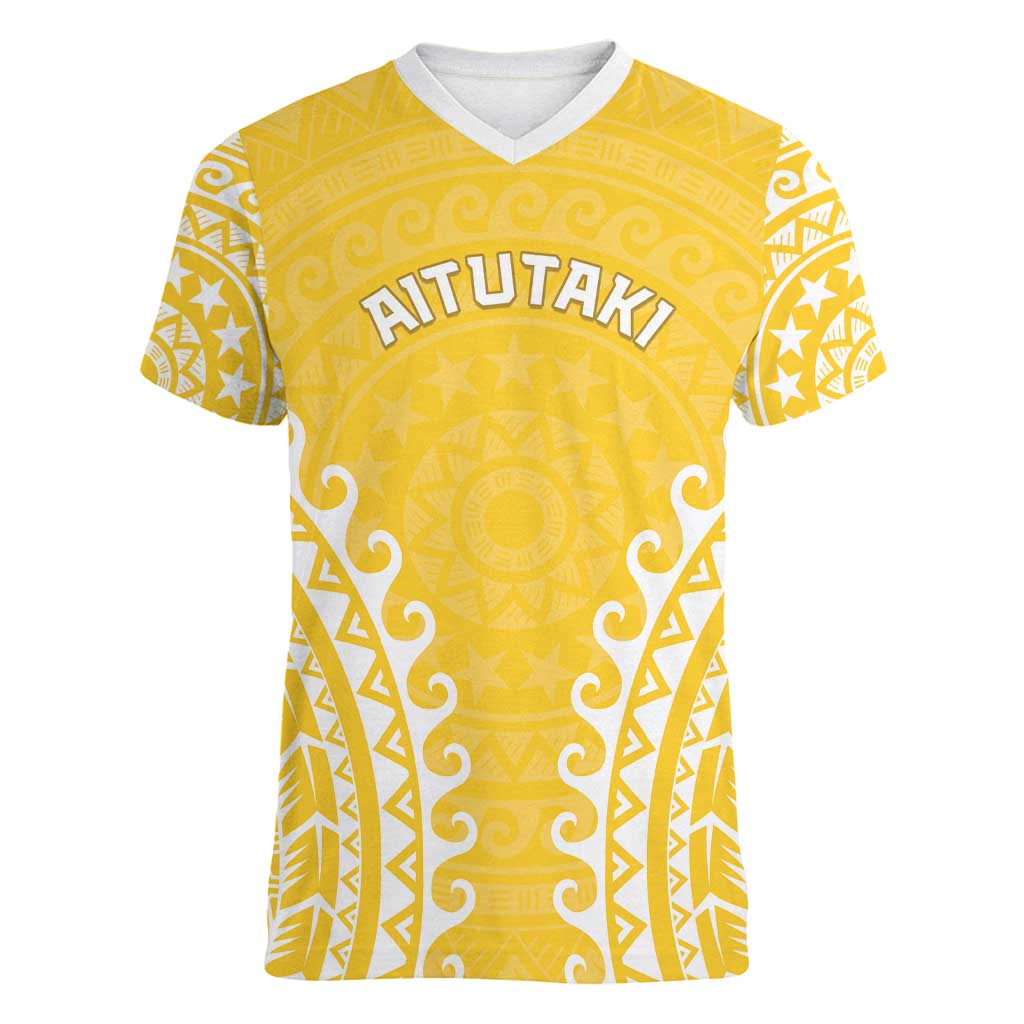 Custom Cook Islands Aitutaki Women V-Neck T-Shirt Polynesian Tribal Tattoo