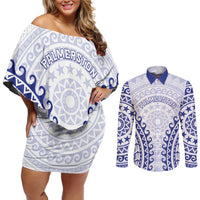 Custom Cook Islands Palmerston Couples Matching Off Shoulder Short Dress and Long Sleeve Button Shirt Polynesian Tribal Tattoo