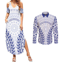 Custom Cook Islands Palmerston Couples Matching Summer Maxi Dress and Long Sleeve Button Shirt Polynesian Tribal Tattoo