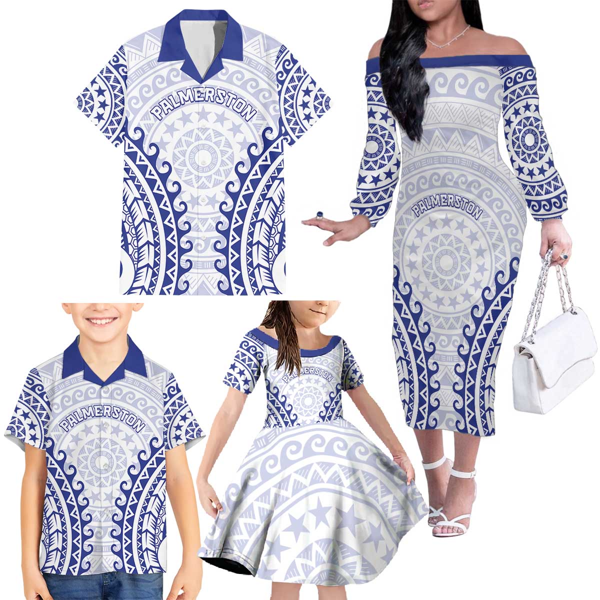 Custom Cook Islands Palmerston Family Matching Off The Shoulder Long Sleeve Dress and Hawaiian Shirt Polynesian Tribal Tattoo