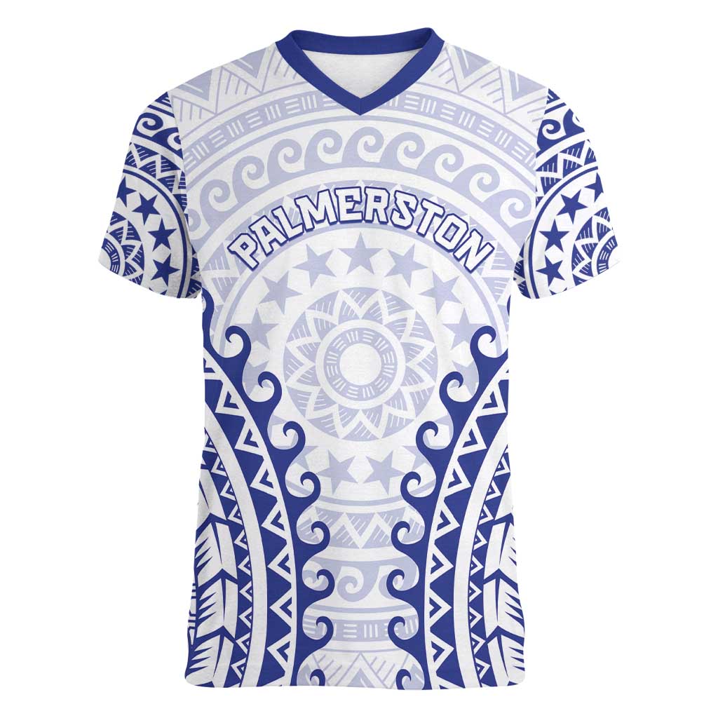 Custom Cook Islands Palmerston Women V-Neck T-Shirt Polynesian Tribal Tattoo