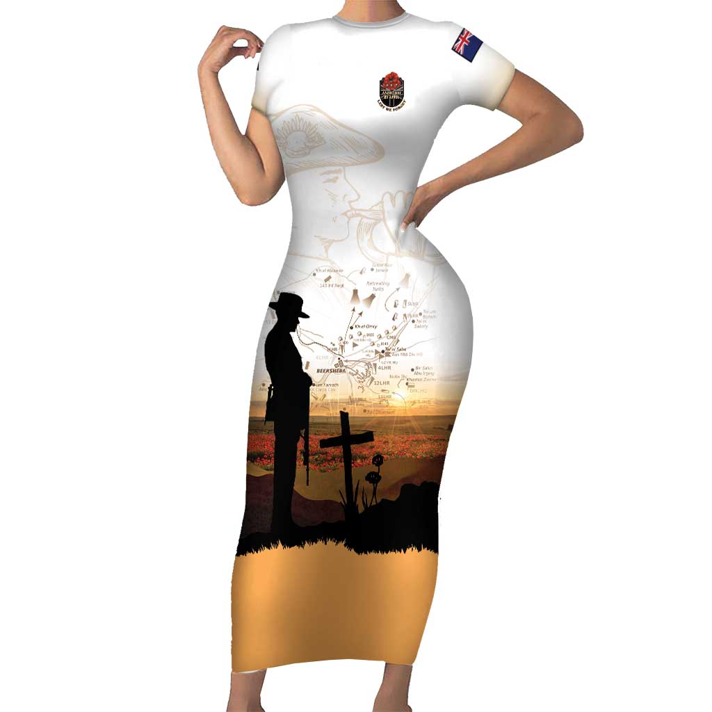 Australia And New Zealand ANZAC Day Short Sleeve Bodycon Dress Battle Of Beersheba LT05 Long Dress Beige - Polynesian Pride