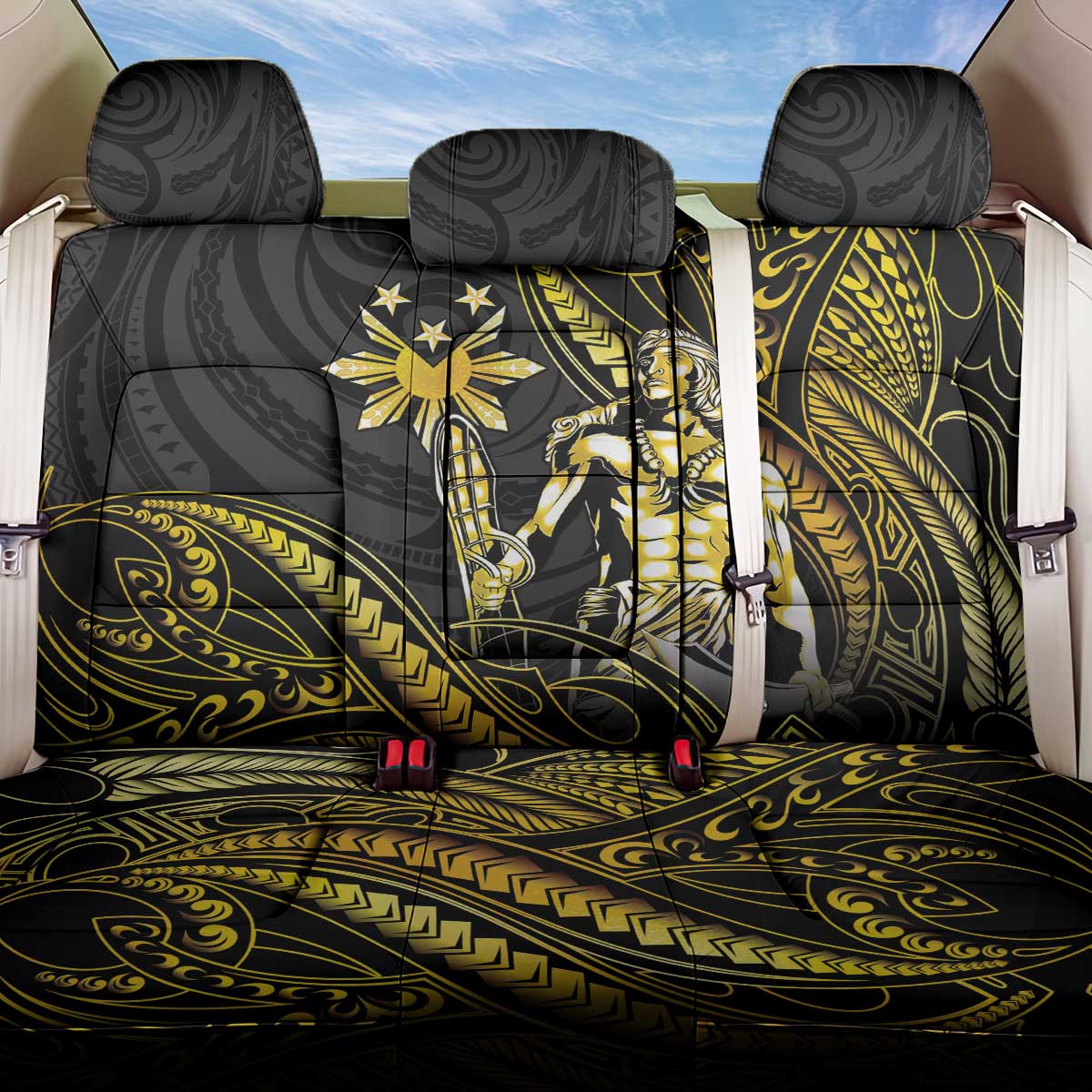 Filipinos Lapu Lapu Hero Back Car Seat Cover Gold Polynesian Tribal Tattoo LT05 One Size Gold - Polynesian Pride
