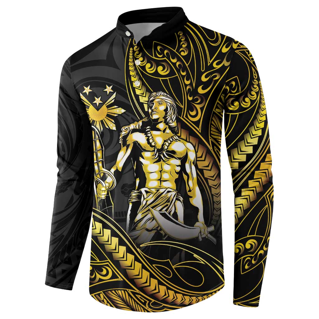 Filipinos Lapu Lapu Hero Button Sweatshirt Gold Polynesian Tribal Tattoo LT05 - Polynesian Pride