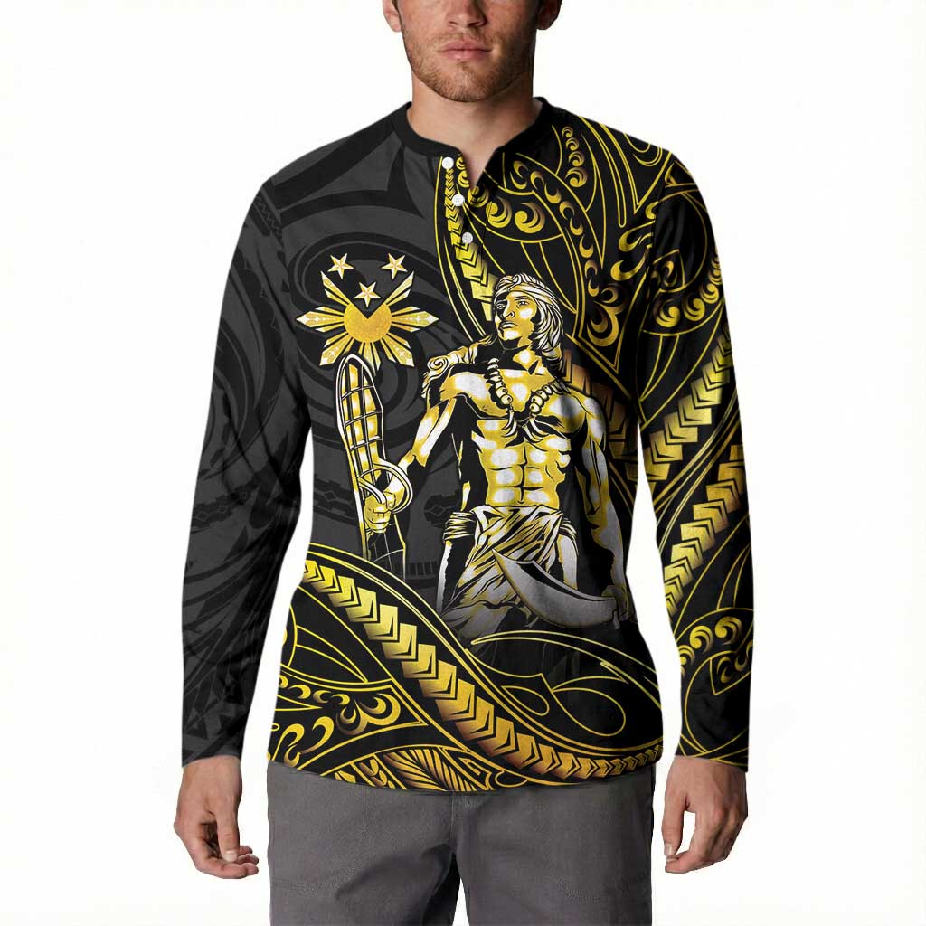 Filipinos Lapu Lapu Hero Button Sweatshirt Gold Polynesian Tribal Tattoo LT05 - Polynesian Pride