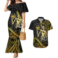 Filipinos Lapu Lapu Hero Couples Matching Mermaid Dress and Hawaiian Shirt Gold Polynesian Tribal Tattoo