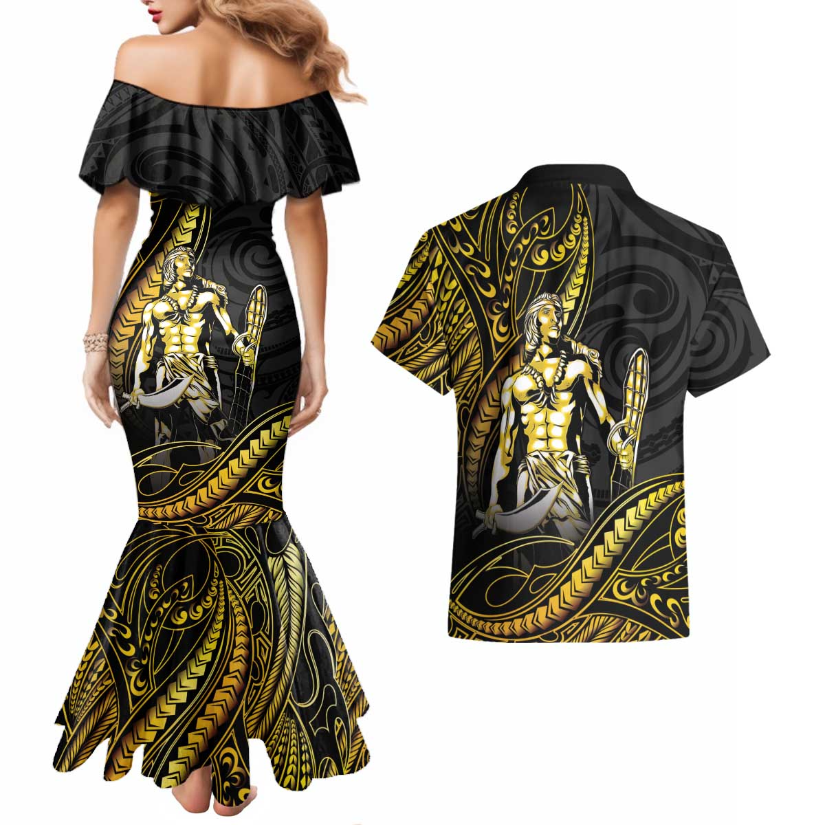 Filipinos Lapu Lapu Hero Couples Matching Mermaid Dress and Hawaiian Shirt Gold Polynesian Tribal Tattoo