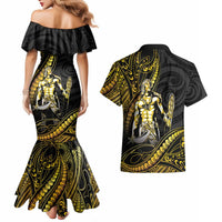 Filipinos Lapu Lapu Hero Couples Matching Mermaid Dress and Hawaiian Shirt Gold Polynesian Tribal Tattoo