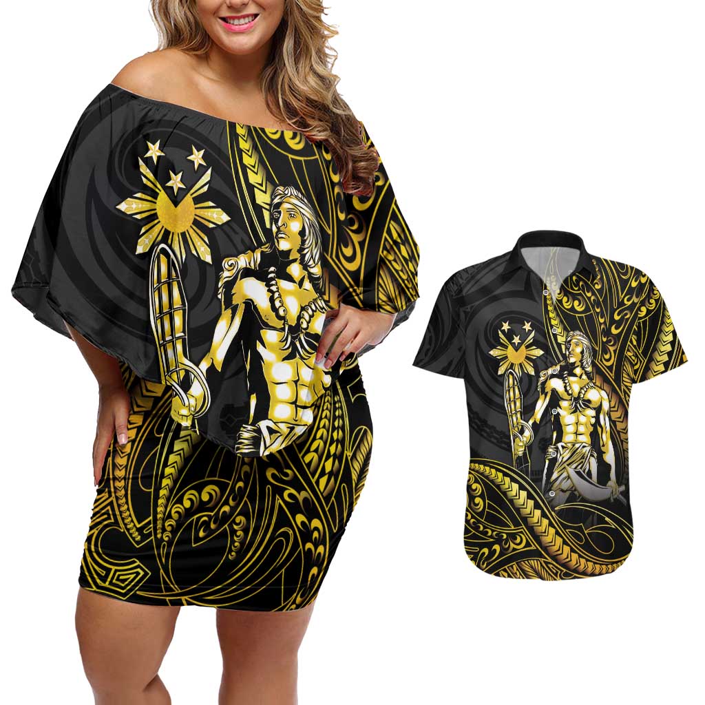 Filipinos Lapu Lapu Hero Couples Matching Off Shoulder Short Dress and Hawaiian Shirt Gold Polynesian Tribal Tattoo