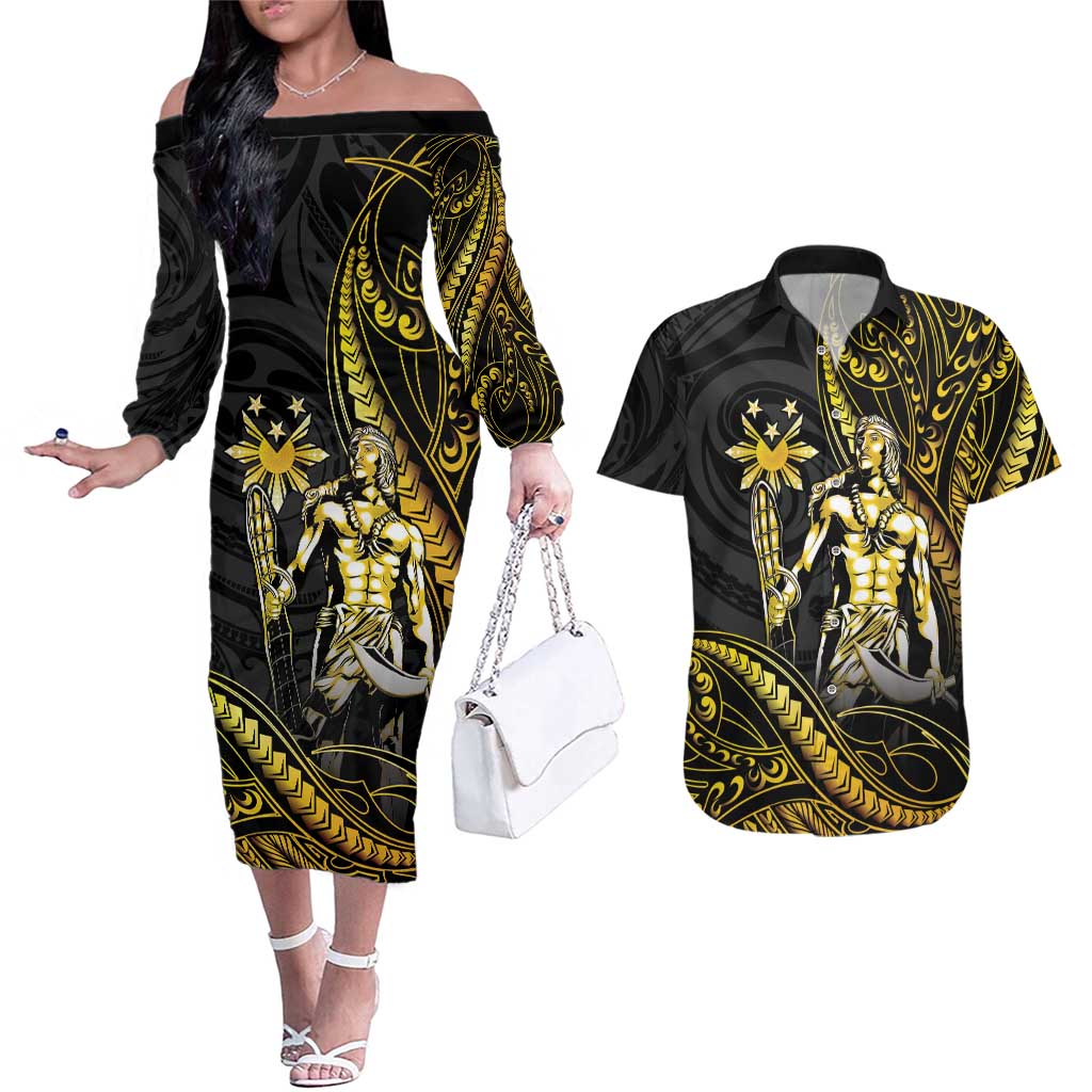 Filipinos Lapu Lapu Hero Couples Matching Off The Shoulder Long Sleeve Dress and Hawaiian Shirt Gold Polynesian Tribal Tattoo