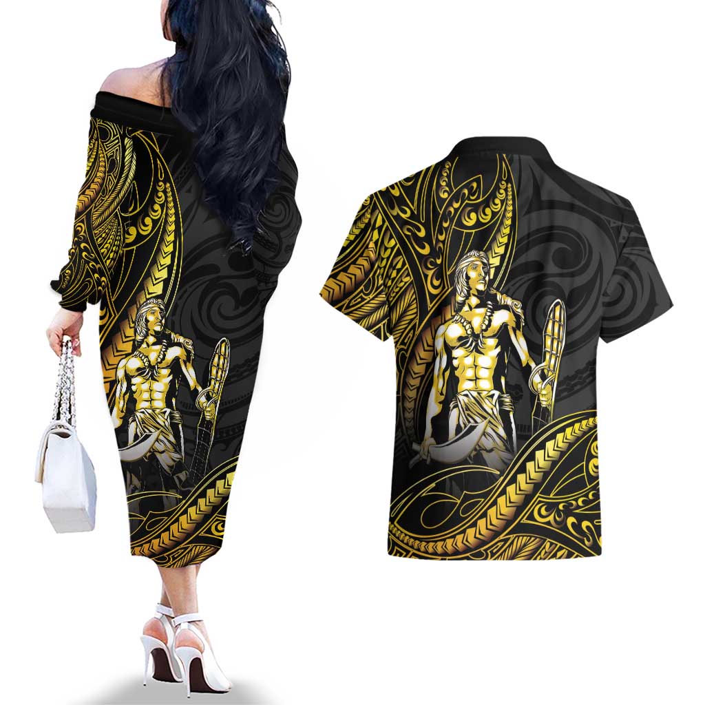 Filipinos Lapu Lapu Hero Couples Matching Off The Shoulder Long Sleeve Dress and Hawaiian Shirt Gold Polynesian Tribal Tattoo
