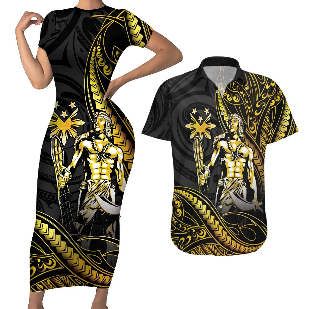 Filipinos Lapu Lapu Hero Couples Matching Short Sleeve Bodycon Dress and Hawaiian Shirt Gold Polynesian Tribal Tattoo