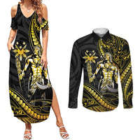 Filipinos Lapu Lapu Hero Couples Matching Summer Maxi Dress and Long Sleeve Button Shirt Gold Polynesian Tribal Tattoo