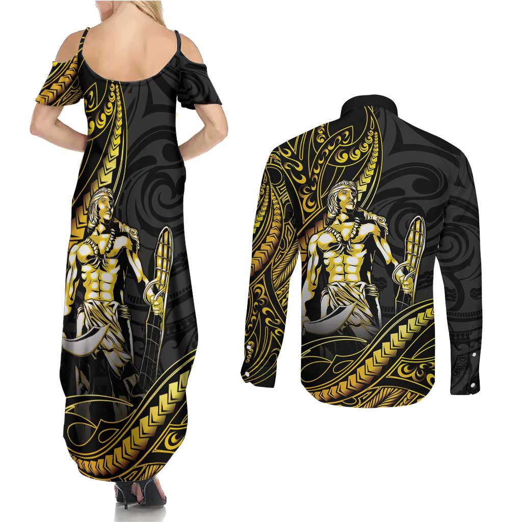 Filipinos Lapu Lapu Hero Couples Matching Summer Maxi Dress and Long Sleeve Button Shirt Gold Polynesian Tribal Tattoo