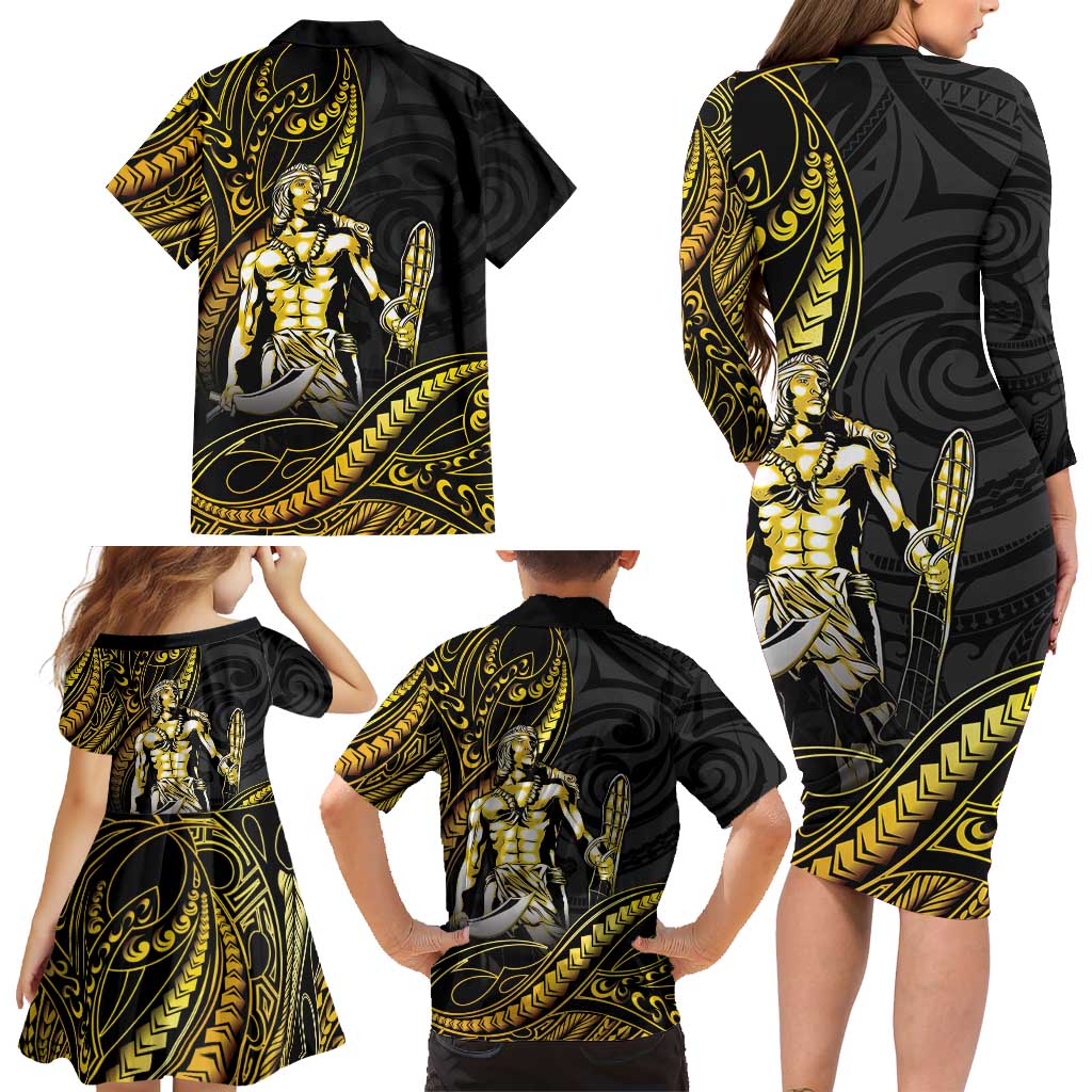 Filipinos Lapu Lapu Hero Family Matching Long Sleeve Bodycon Dress and Hawaiian Shirt Gold Polynesian Tribal Tattoo