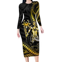 Filipinos Lapu Lapu Hero Family Matching Long Sleeve Bodycon Dress and Hawaiian Shirt Gold Polynesian Tribal Tattoo