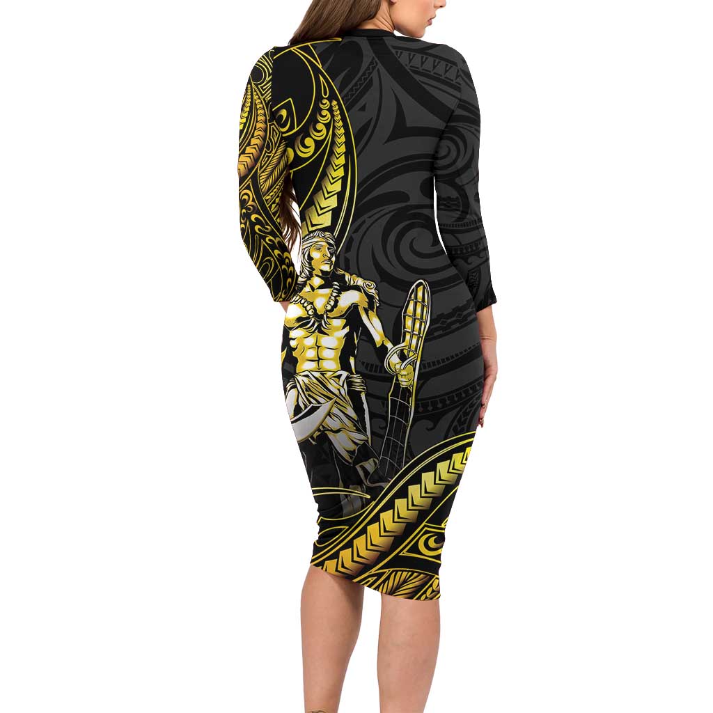 Filipinos Lapu Lapu Hero Family Matching Long Sleeve Bodycon Dress and Hawaiian Shirt Gold Polynesian Tribal Tattoo