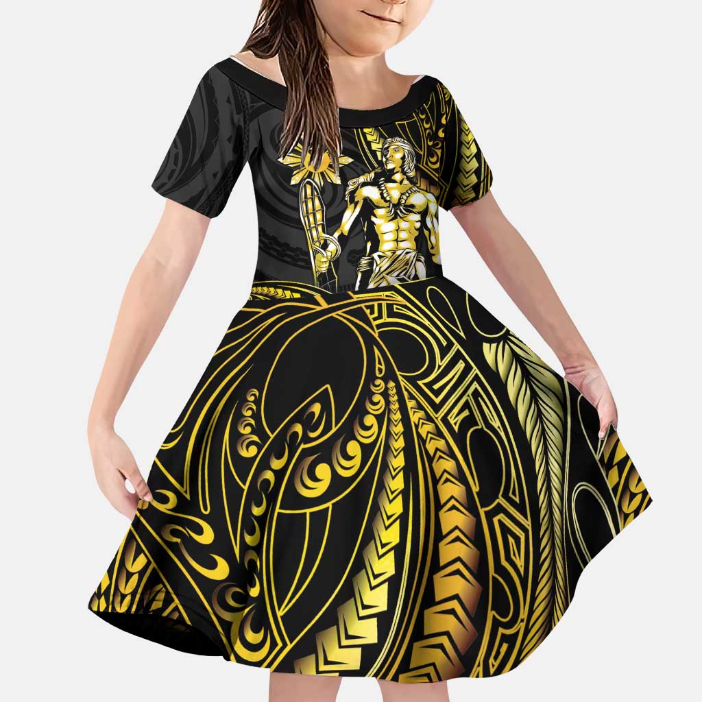 Filipinos Lapu Lapu Hero Family Matching Off The Shoulder Long Sleeve Dress and Hawaiian Shirt Gold Polynesian Tribal Tattoo
