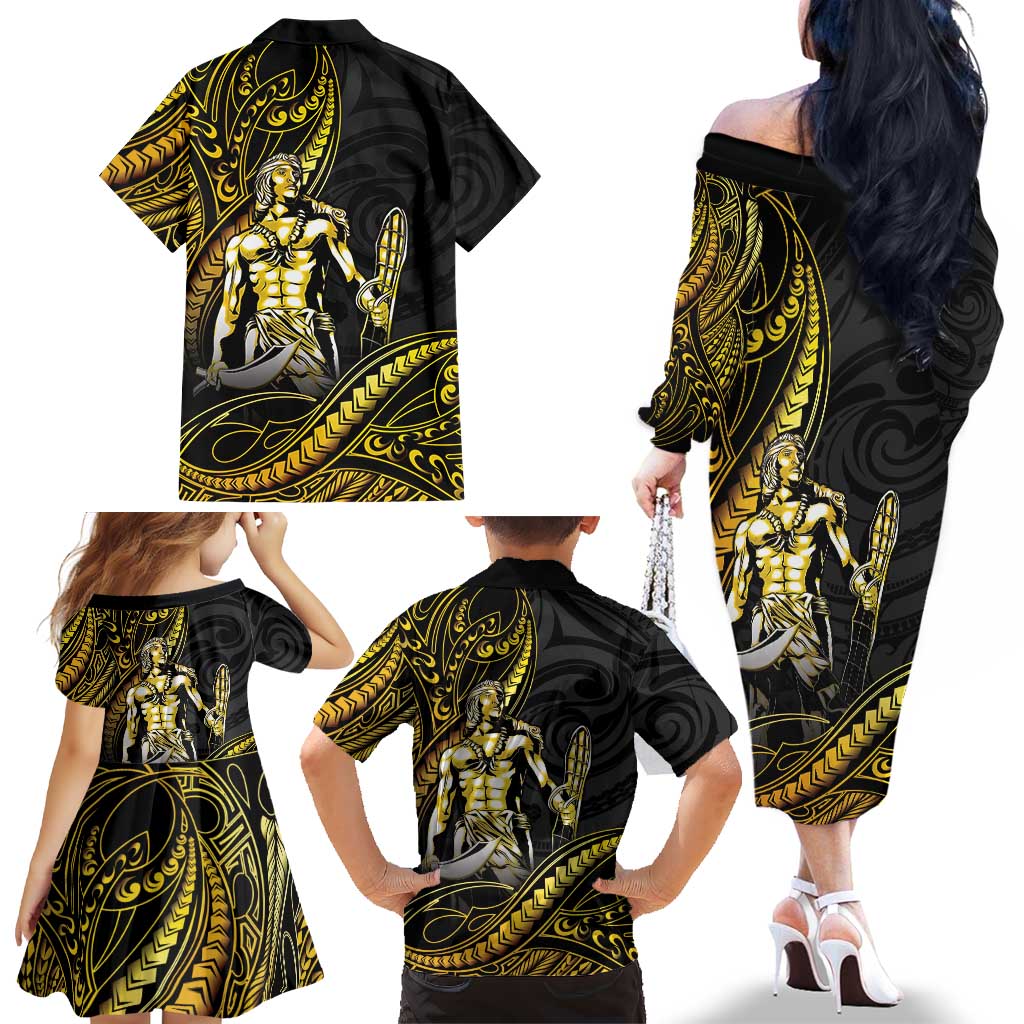 Filipinos Lapu Lapu Hero Family Matching Off The Shoulder Long Sleeve Dress and Hawaiian Shirt Gold Polynesian Tribal Tattoo
