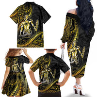 Filipinos Lapu Lapu Hero Family Matching Off The Shoulder Long Sleeve Dress and Hawaiian Shirt Gold Polynesian Tribal Tattoo