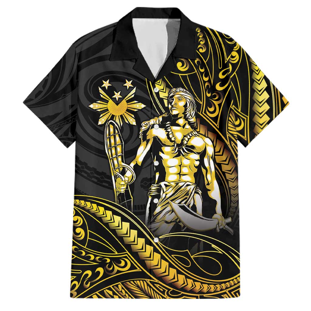 Filipinos Lapu Lapu Hero Family Matching Off Shoulder Short Dress and Hawaiian Shirt Gold Polynesian Tribal Tattoo