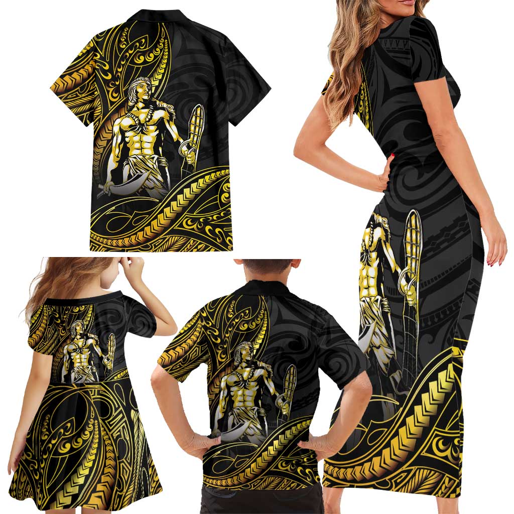 Filipinos Lapu Lapu Hero Family Matching Short Sleeve Bodycon Dress and Hawaiian Shirt Gold Polynesian Tribal Tattoo