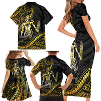 Filipinos Lapu Lapu Hero Family Matching Short Sleeve Bodycon Dress and Hawaiian Shirt Gold Polynesian Tribal Tattoo