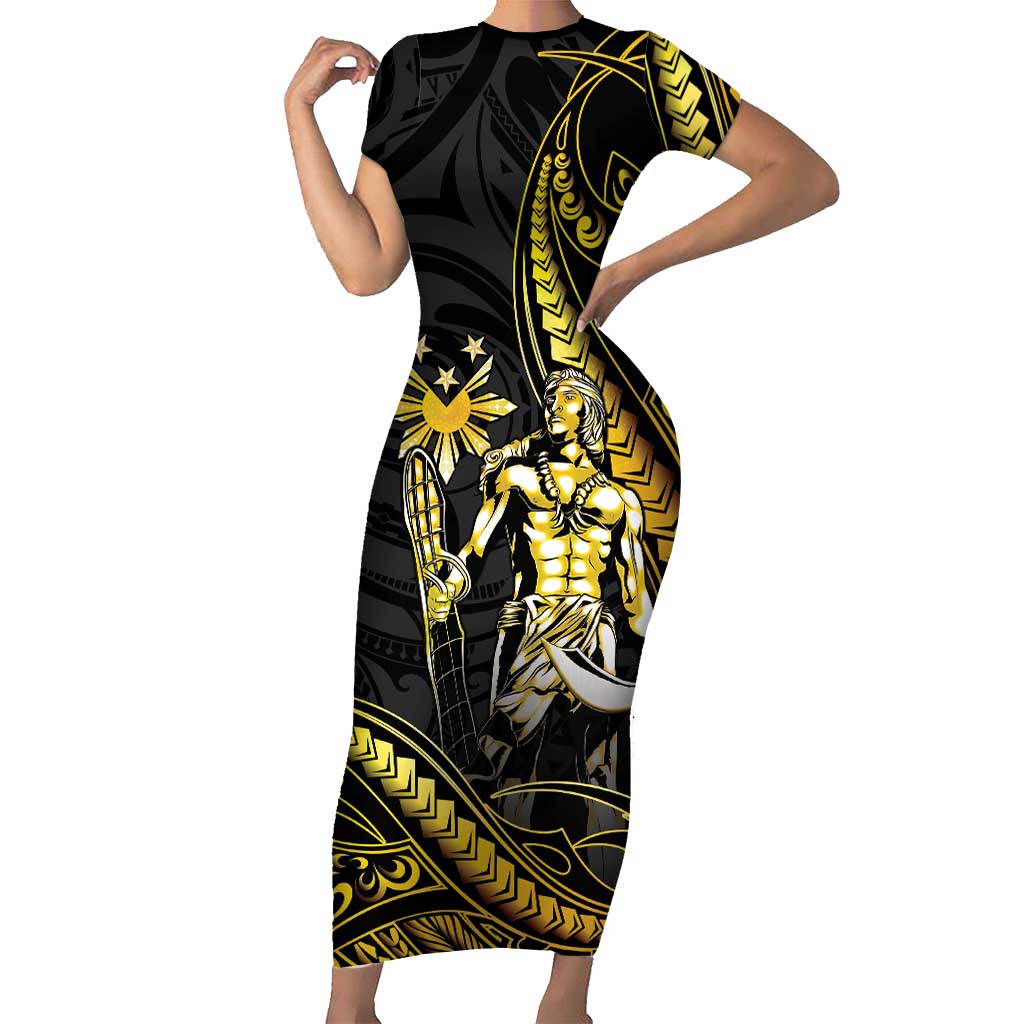 Filipinos Lapu Lapu Hero Family Matching Short Sleeve Bodycon Dress and Hawaiian Shirt Gold Polynesian Tribal Tattoo
