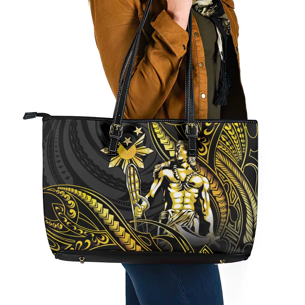 Filipinos Lapu Lapu Hero Leather Tote Bag Gold Polynesian Tribal Tattoo LT05 - Polynesian Pride