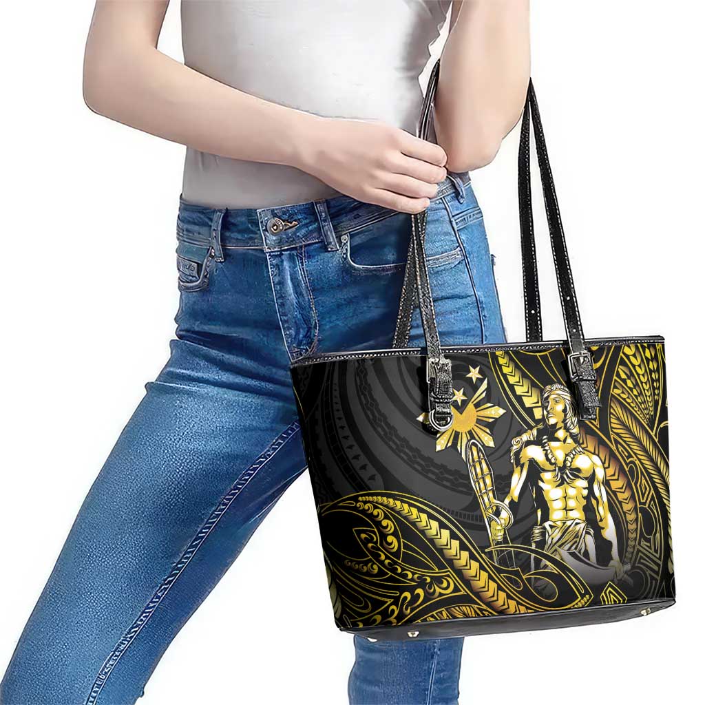 Filipinos Lapu Lapu Hero Leather Tote Bag Gold Polynesian Tribal Tattoo LT05 - Polynesian Pride