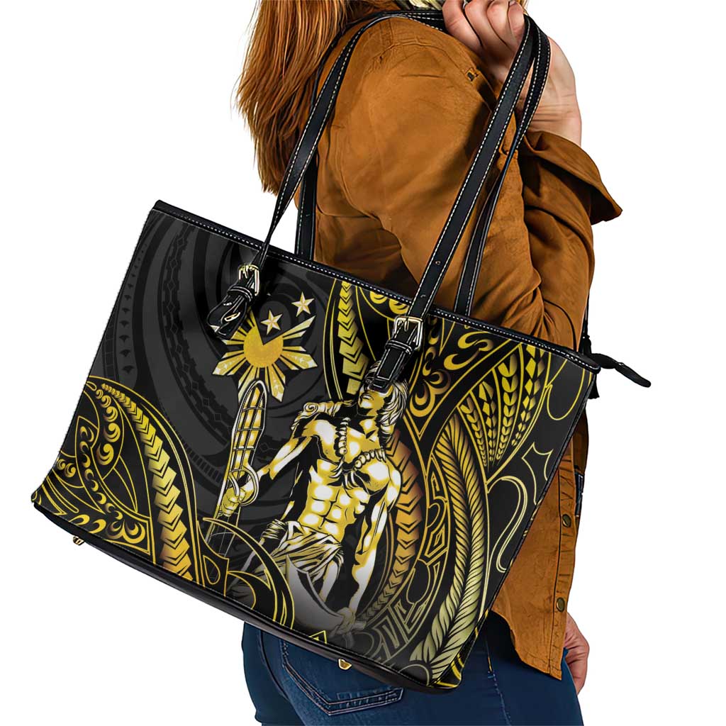 Filipinos Lapu Lapu Hero Leather Tote Bag Gold Polynesian Tribal Tattoo LT05 - Polynesian Pride