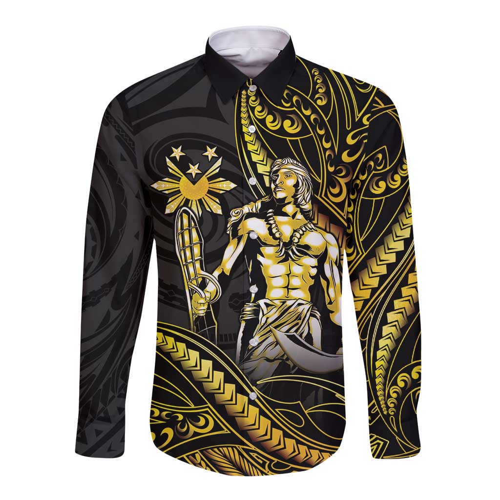 Filipinos Lapu Lapu Hero Long Sleeve Button Shirt Gold Polynesian Tribal Tattoo LT05 Unisex Gold - Polynesian Pride