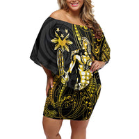 Filipinos Lapu Lapu Hero Off Shoulder Short Dress Gold Polynesian Tribal Tattoo