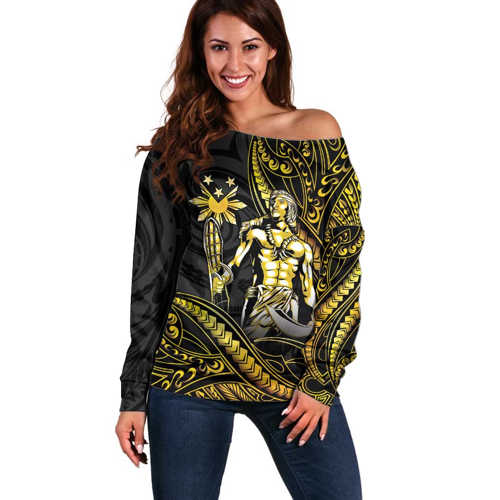 Filipinos Lapu Lapu Hero Off Shoulder Sweater Gold Polynesian Tribal Tattoo LT05 Women Gold - Polynesian Pride