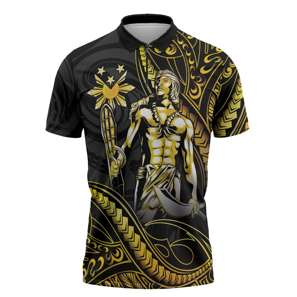 Filipinos Lapu Lapu Hero Zipper Polo Shirt Gold Polynesian Tribal Tattoo LT05 Gold - Polynesian Pride