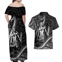 Filipinos Lapu Lapu Hero Couples Matching Off Shoulder Maxi Dress and Hawaiian Shirt Black Polynesian Tribal Tattoo