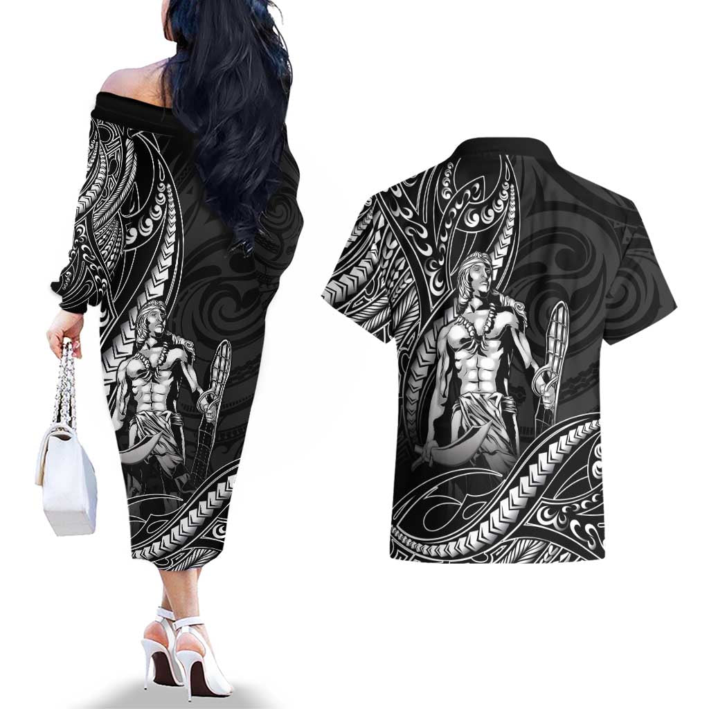 Filipinos Lapu Lapu Hero Couples Matching Off The Shoulder Long Sleeve Dress and Hawaiian Shirt Black Polynesian Tribal Tattoo