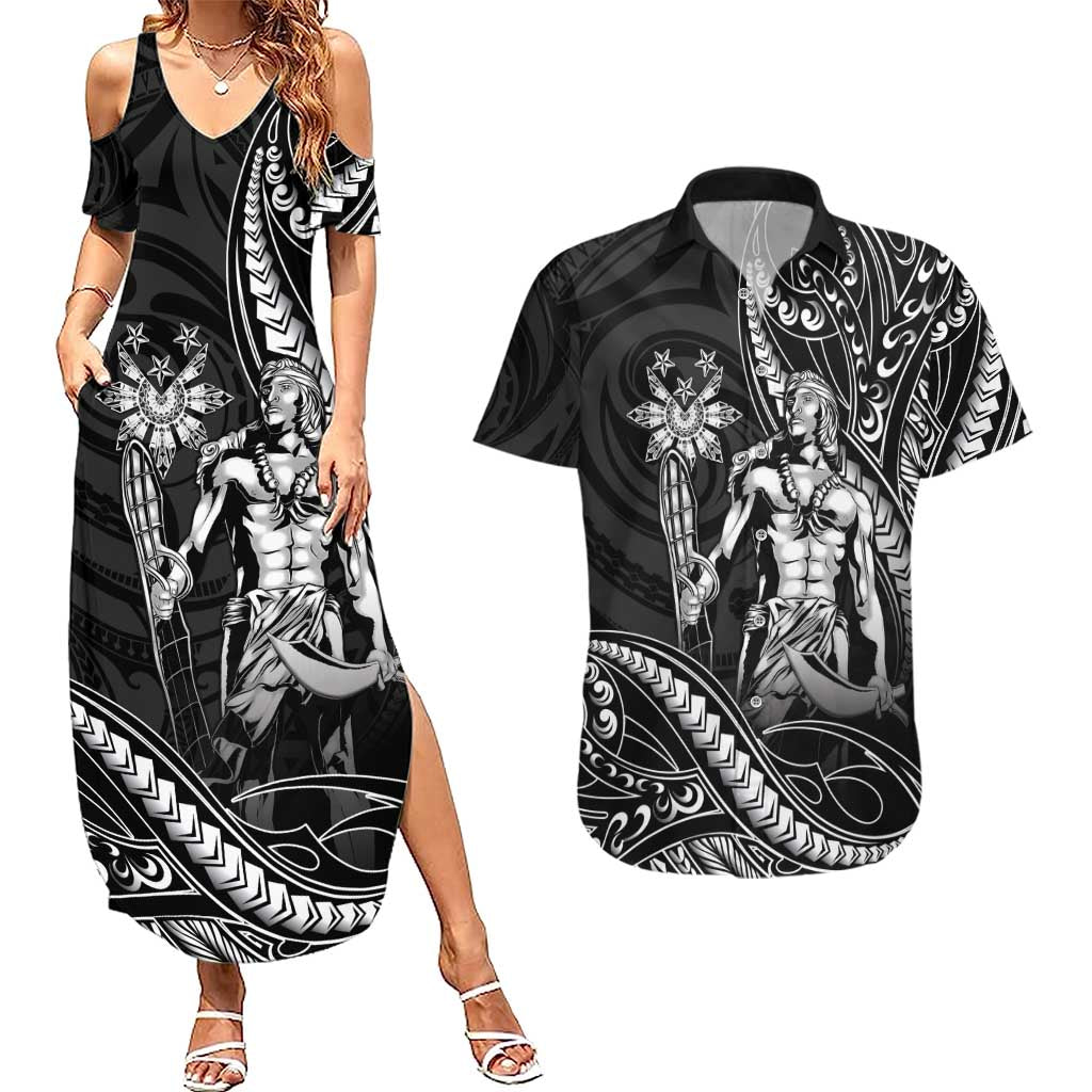 Filipinos Lapu Lapu Hero Couples Matching Summer Maxi Dress and Hawaiian Shirt Black Polynesian Tribal Tattoo LT05 Black - Polynesian Pride