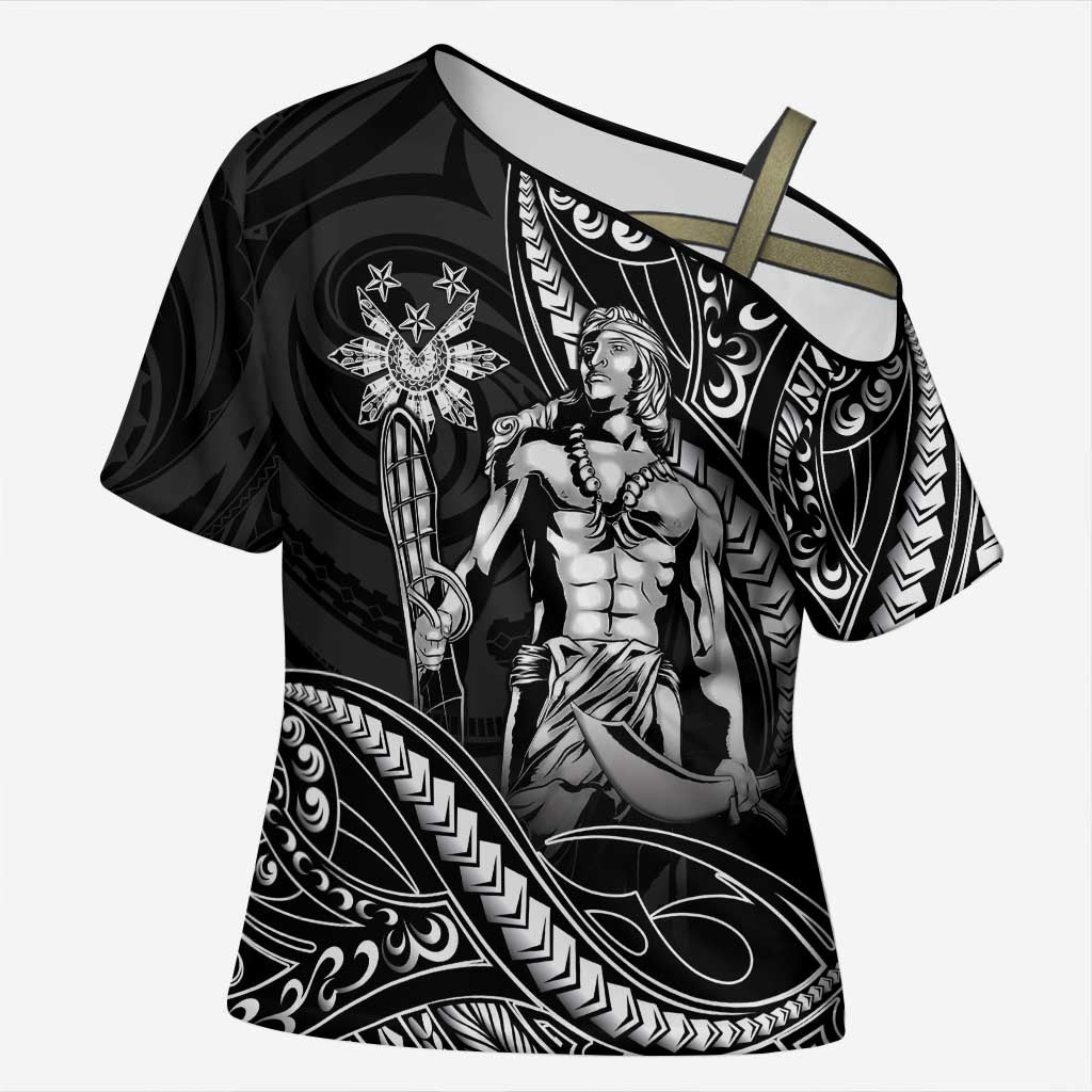 Filipinos Lapu Lapu Hero Cross Shoulder Shirt Black Polynesian Tribal Tattoo LT05 Female Black - Polynesian Pride